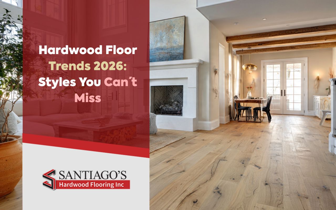 Wide-plank hardwood flooring inspired by Hardwood Floor Trends 2026 in a bright modern living room