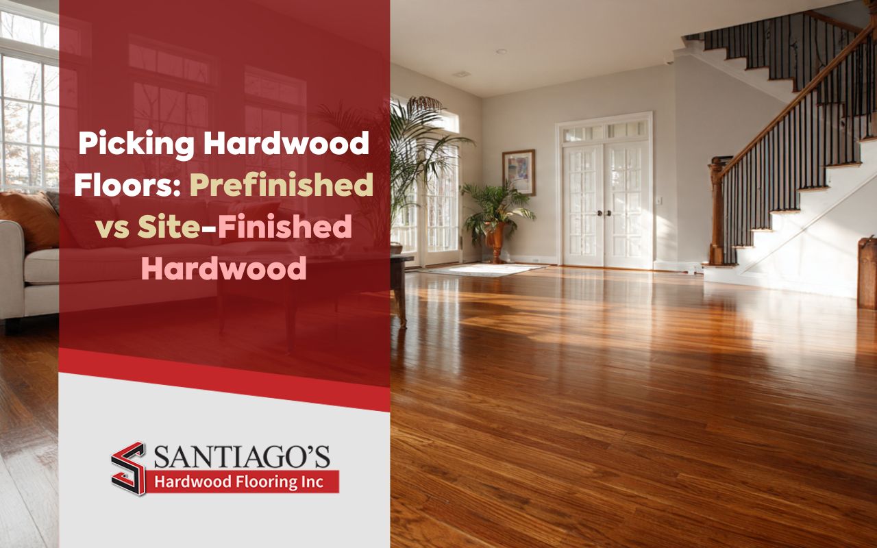 Prefinished vs site-finished hardwood in a bright living room with a clean, even finish