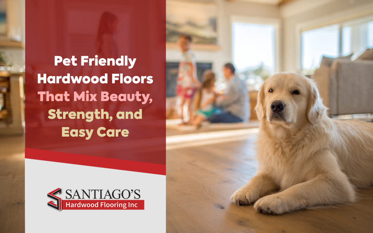 Pet friendly hardwood floors in a bright living room with dogs and family use