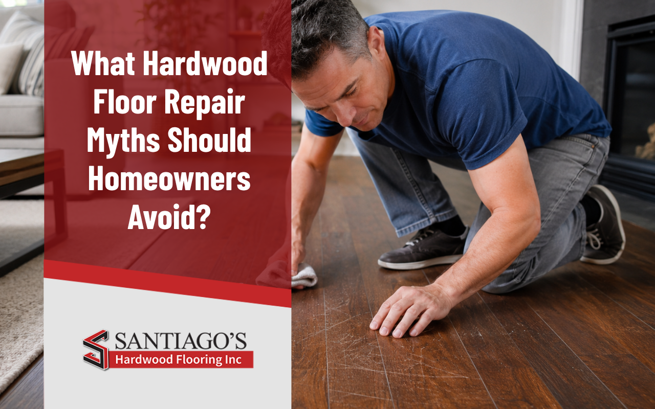Homeowner checking scratches while learning hardwood floor repair myths