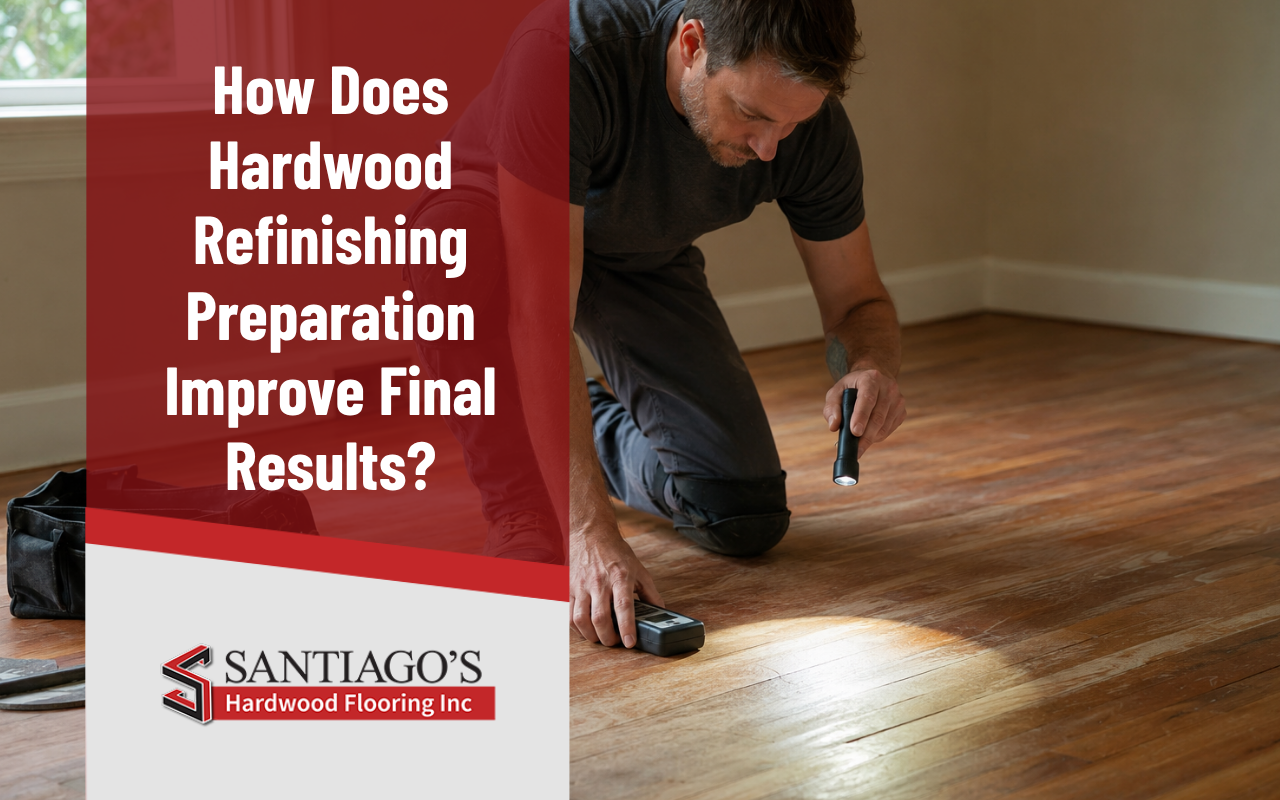 Hardwood refinishing preparation beginning with a detailed floor inspection