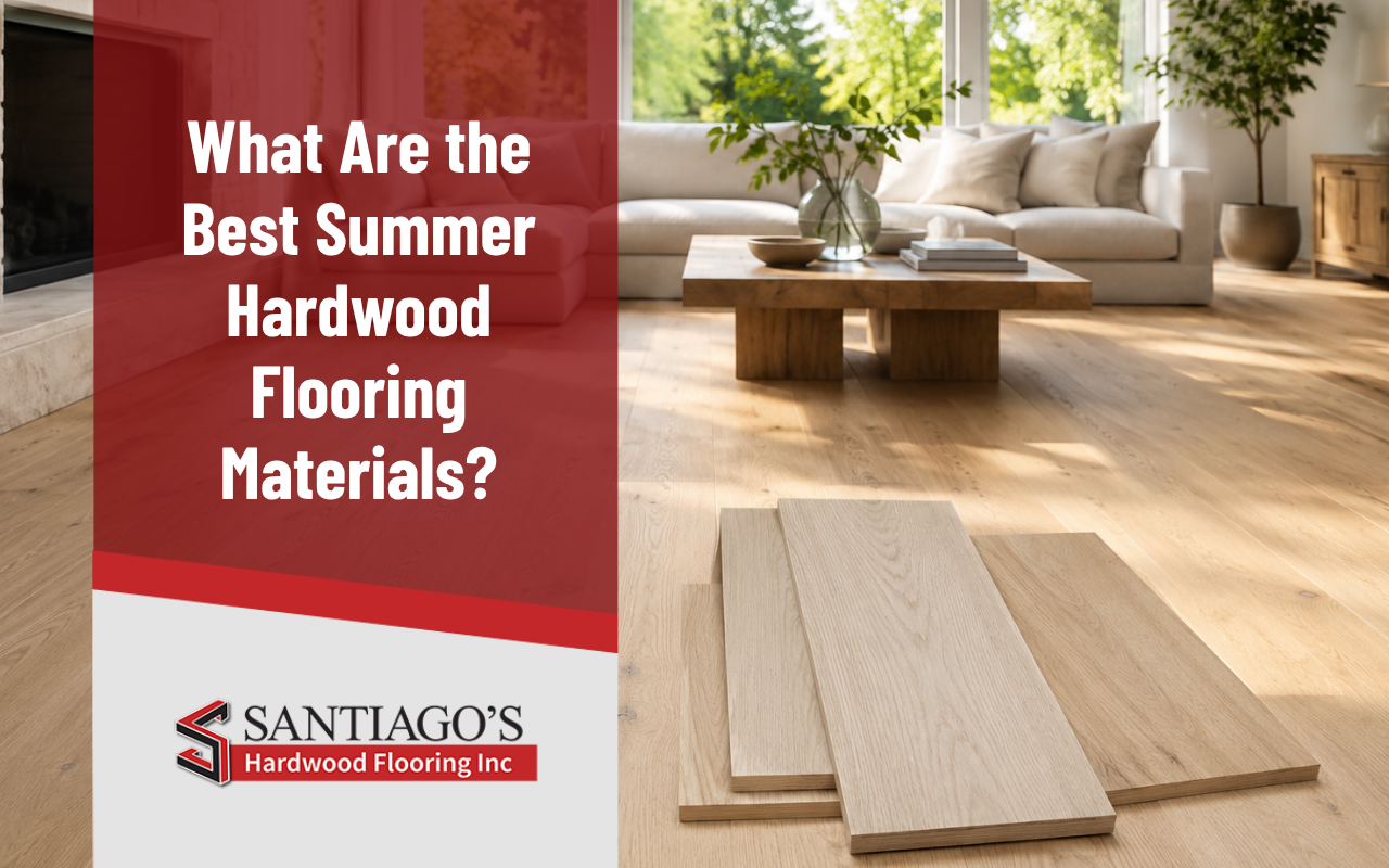 Light white oak summer hardwood flooring materials in a bright living room