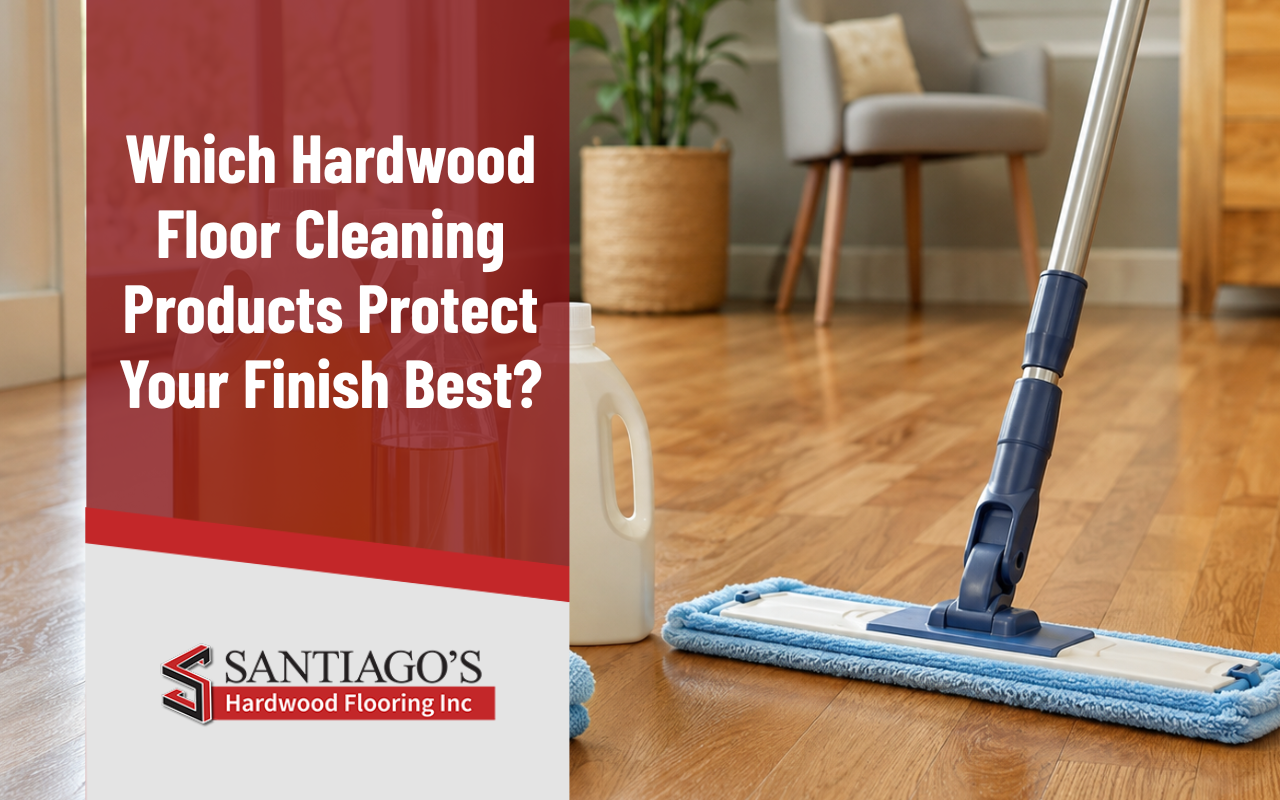 Hardwood floor cleaning products beside a clean microfiber mop