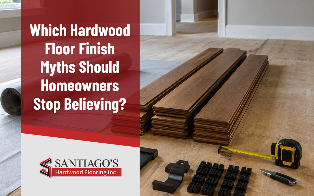 Hardwood floor finish myths comparison with matte, satin, and glossy wood samples