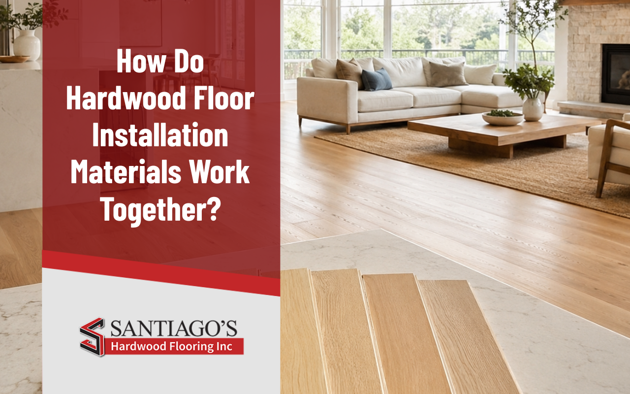 Hardwood floor installation materials arranged before a home flooring project